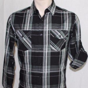 NEW Airwalk Mens Shirt Black & White Plaid Front Pockets Long Tab Sleeves Medium